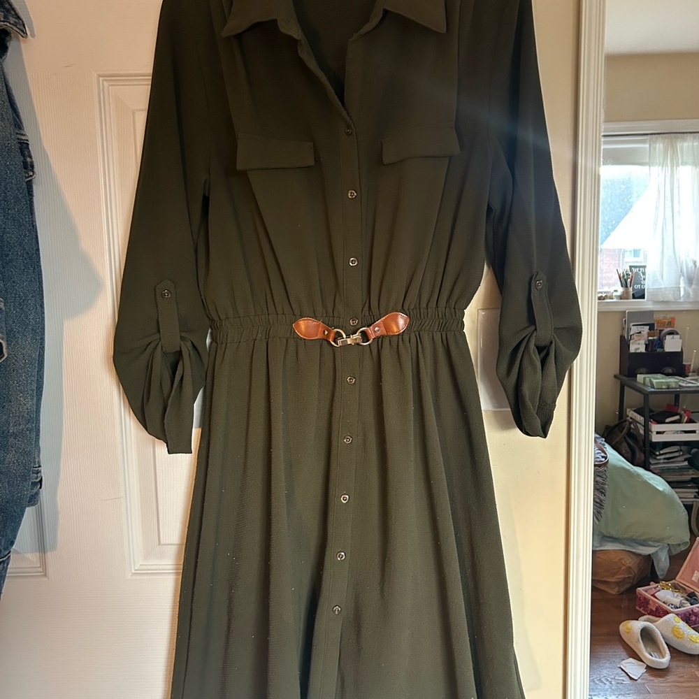 Olive Green/Army Green Belted Casual Dress with Slip and Leather Detail size M
